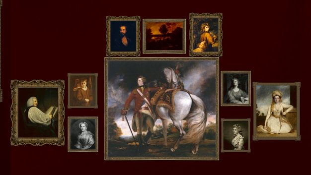 Installation photograph. This reconstruction shows ten paintings on a wine-red wall. A portrait of a man and a white horse is the largest, and it hangs under a row of three smaller paintings. A trio of paintings to each side has two smaller canvases stacked next to the largest portrait. Finally, medium-sized portraits flank each pair, like wings.