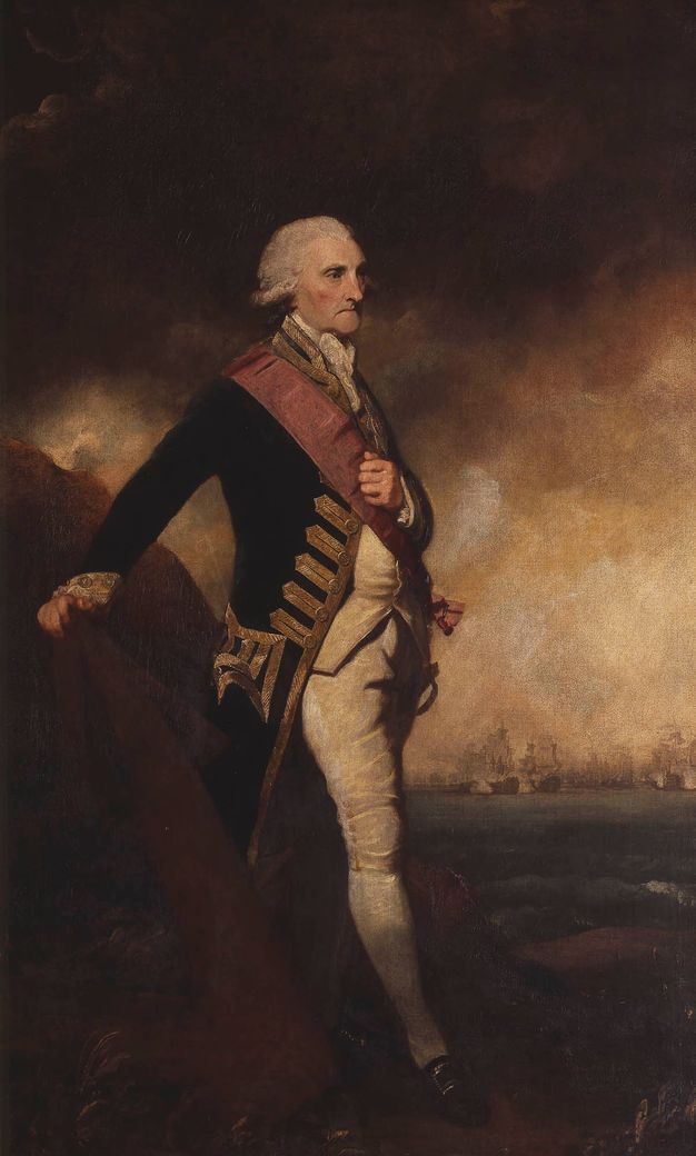 Painting. Full length portrait of a pale-skinned man wearing a military uniform and a white wig stands looking off to our right in front of a seascape under a dark, cloudy sky. One hand rests on the point of an anchor lying in the grass next to him, and the other is held to a dark pink sash that crosses his torso. Masted ships are clustered on the water in the deep distance to our right.