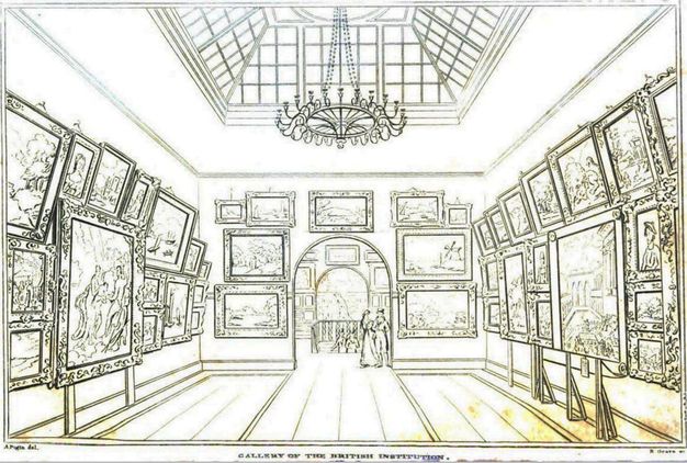 Illustration. A large gallery is hung frame-to-frame and floor-to-ceiling with rectangular paintings. An arched opening opposite from us opens onto other galleries and more doorways.