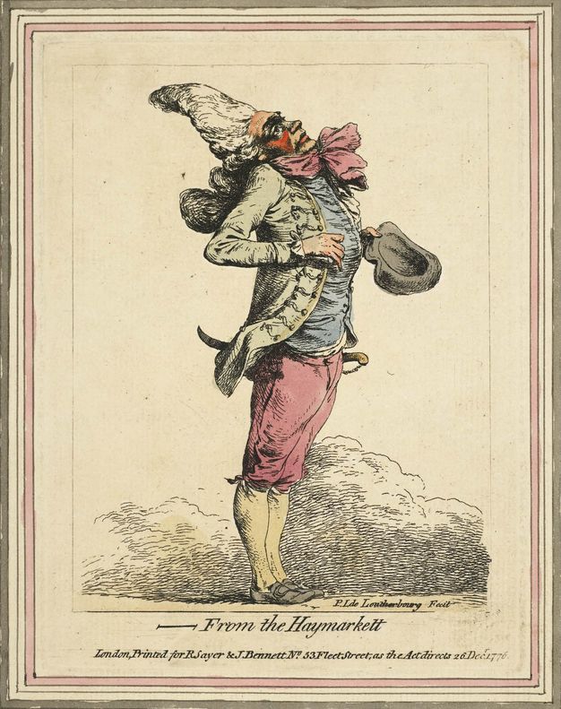 Print. A man facing our right in profile wears a jacket so tight across the shoulders that his back arches. A pink ribbon at his chin also thrusts his chin up. He has peach-coloured skin and scarlet-red cheeks. A tall, white wig towers back precariously.