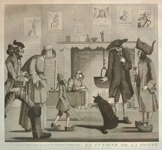 Print. Eight men and one woman stand or walk on a bridge. One man carries a narrow parasol over an elaborately coiffed wig. Another man with a horse whip gets his boots shined.