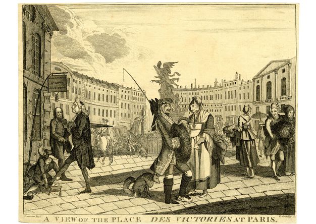 Print. A man wearing a long white wig is pulled in a person-drawn carriage down a stone-paved street. He holds up a snack near his hooked nose. Another man pushes the carriage, and a portly man walks behind. A person at the front of the retinue holds an oversized syringe against one shoulder.