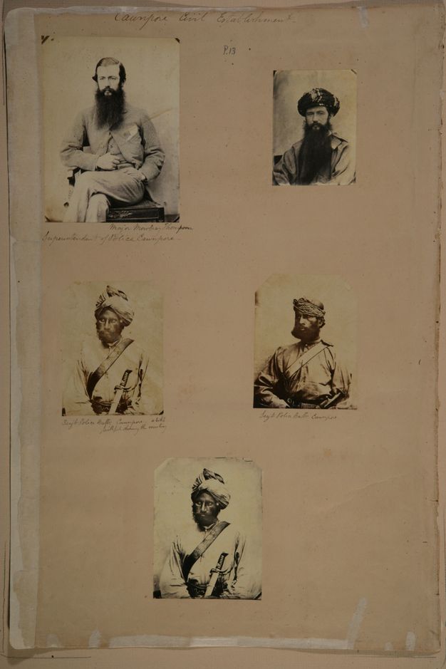 Page of a book. Among five black and white portraits, the top left photograph shows a seated man from the knees up. The other four images are smaller, they and show men from the waist up. They all have long, dark beards.