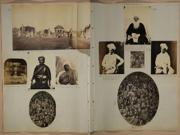 Page of a book. Ten black and white photographs are pasted onto a two-page spread. Subjects include pale and dark-skinned men, landscapes, and group portraits.