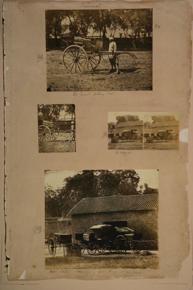 Page of a book. Among four black and white photographs, two include a person and all show one or more person-drawn carts.