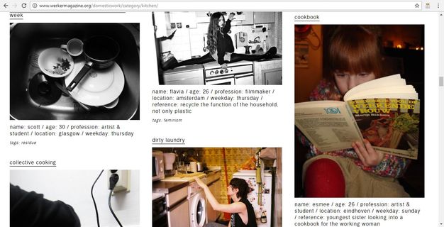 Screenshot. Black and white and colour photographs appear on the website, werkermagazine.org. Images include dishes in a sink, a woman doing a split across two countertops and a stove, and a person crouching in front of a washing machine.