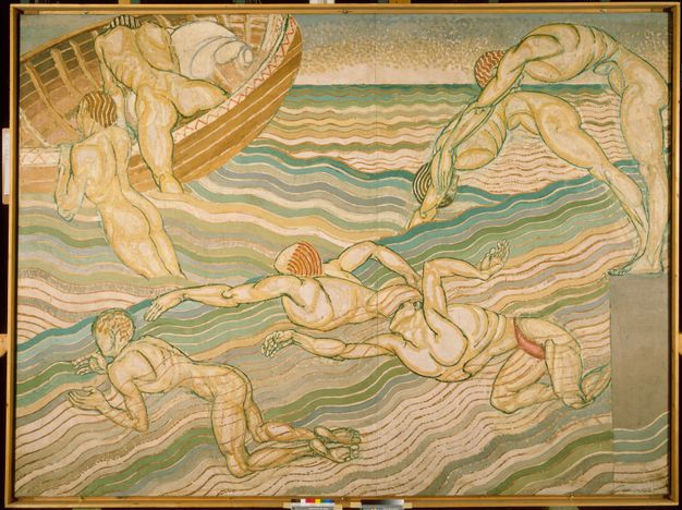 Painting. Seven nude men swim, dive into water, or climb into a boat. They have pale skin with muscles outlined in pale muted yellow. The water is created with wavy lines in mint, laurel-green, aqua, off-white, and parchment-yellow bands.
