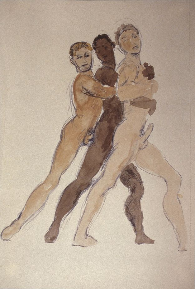 Watercolour. Three nude men stand closely together, taking steps forwards in unison. One has tanned skin, one brown, and one pale skin. They all have erect penises, and they anally penetrate each other.