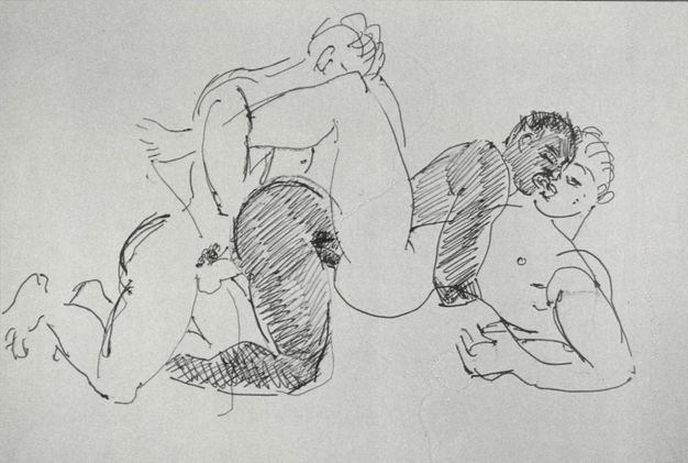 Drawing. Three nude men engage in sexual acts. Two have pale skin, and one is cross-hatched to suggest brown skin. The Black man embraces and penetrates a man facing him, while another penetrates the first from behind.