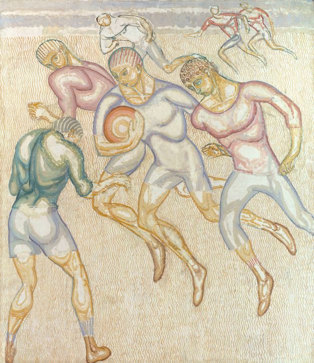 Painting. Seven men wearing pastel, form-fitting uniforms run across a field. One, at the centre, carries an orange ball. Their features, hair, and bodies are outlined in darker tones. For instance, the musculature under the central player’s blue shirt is outlined in a deeper, delphinium blue.