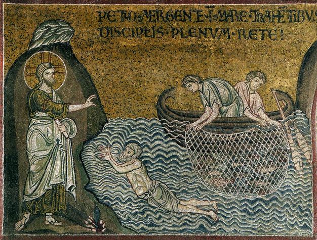 Mosaic. Against a shimmering gold background, a haloed man, Jesus Christ, holds his hand up, blessing a man in the body of water next to him. Two men in a boat behind pull up a net full of fish.
