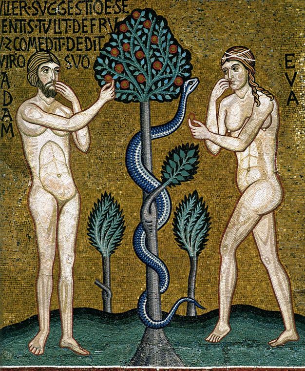 Mosaic. A man and woman stand to either side of a snake-wrapped tree in front of a gold background.