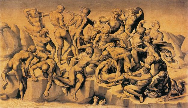 Painting. In tones of black and grey, eighteen mostly nude, muscular men fight on a rocky outcropping. A pair of hands reach from water lapping against the rocks below.