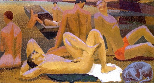 Painting. Four men sit and lie by a shoreline. Another sits in a boat and a sixth hangs off the side, bobbing in the water. They are all nude or wear bathing briefs. The scene is painted with dabs and visible strokes mostly in peachy and tan tones.
