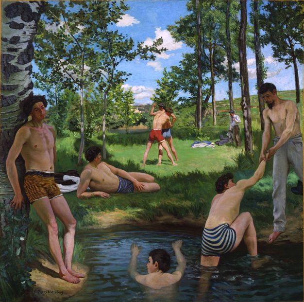 Painting. Eight pale-skinned men and boys swim, stand, or wrestle in a grassy glad beyond a pool. Most wear boxer-style bathing suits. One man wears only grey pants, and another begins to undress under the trees in the background.