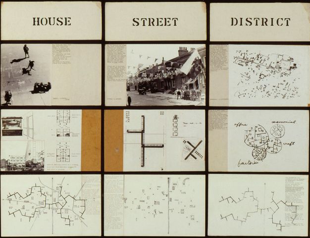 Collage. A grid of three (across) by three squares (down) is filled with black and white images, schematics, diagrams, and one drawing. Each column is titled with stencilled letters. From left to right, “House”, “Street”, and “District”.