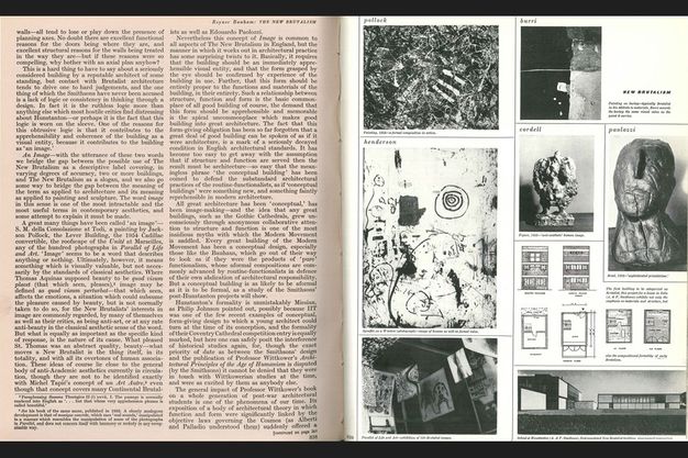 Pages of a journal. The page to our left is filled with two columns of text. A header reads, “Reyner Banham: The New Brutalism”. The facing page is illustrated with seven works of art reproduced in black and white and a few diagrams and floor plans.
