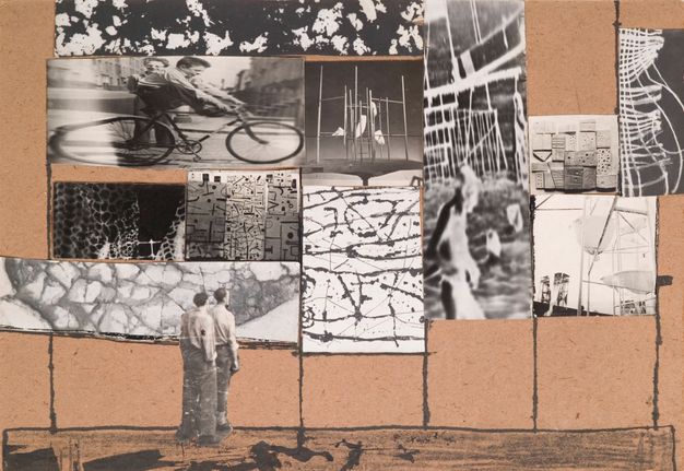 Collage. Eleven black and white reproductions of works of art, most of them abstract, are arranged, their edges touching, on a sheet of beige-coloured paper. The suggestion of walls and a floor are drawn with ink. Another photograph of two men standing facing away from us seem to look at the works.