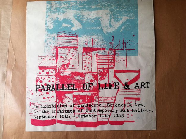 Print. Two images and black text are printed onto a white sheet. An image showing a cast of a person is printed in blue scale above. A red, abstract design partially overlays it on the bottom half. Text reads, “Parallel of Life & Art An Exhibition of Landscape, Science & Art, At the Institute of Contemporary Art Gallery, September 10th – October 11th 1953”.