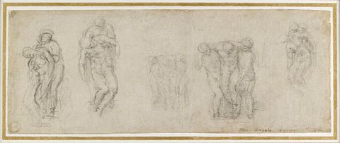 Drawing. Five pairs or trios of people are sketched in black chalk on off-white paper. Each captures a different configuration of one or two people holding up the slumped body of another.