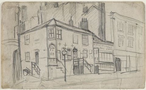 Drawing. A row of buildings moving away from us and to our right includes townhouses, a shop front under a sign reading “Albert Nicholls”, and a stately building that towers over its two-storey neighbour and extends off the page.