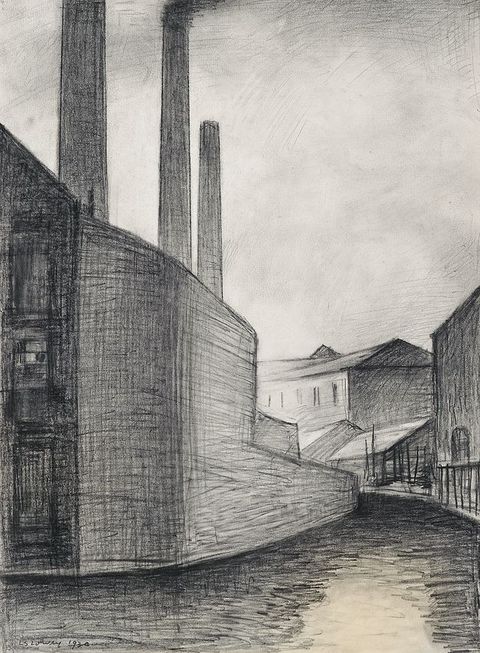 Drawing. The smooth side of an L-shaped building with three smokestacks is shown from a canal. Buildings line the opposite bank as well.