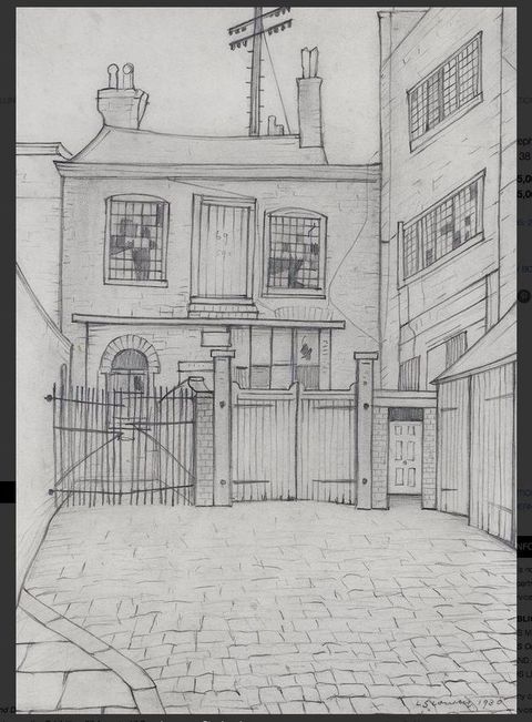 Drawing. A building with broken windowpanes and a sagging roof is behind a pair of gates, one iron, one wood, and a door. Other buildings extend off to our left or line the street coming towards us to our right.