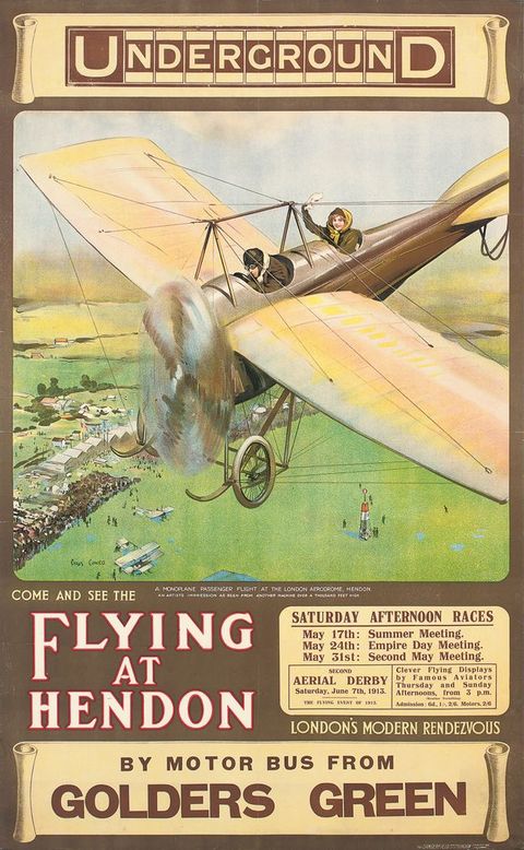 Print. We look down into the two cockpits of a reflective brown and yellow monoplane. A man wearing an aviator hat and goggles hunches over the controls in the front. A woman waves a white handkerchief in the back. A vast green field is below.