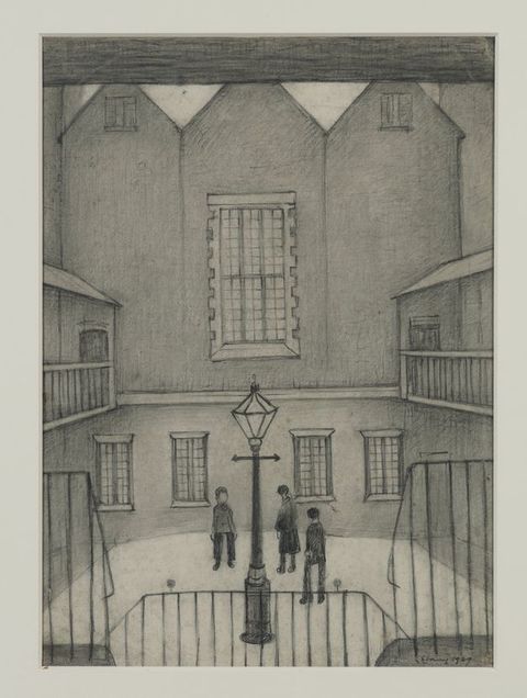 Drawing. We look down at three people milling about a cramped courtyard with a streetlight at its centre. Iron railings in front of us suggest stairs descending to the courtyard. The three-peaked building across from us extends off the top edge of the paper.