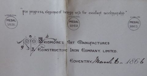 Letterhead. Horizontally oriented printed card or paper reads, “For progress, elegance of design and for excellent workmanship” across the top. Three circles spaced across the page under have text reading, “London Medal 1851”, “London Medal 1862”, and “Dublin medal 1865”.