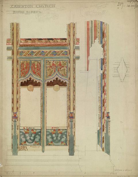 Drawing. Two bays of a choir screen are painted in enamel-like tones of red, green, blue, cream, and pink to show vegetal and abstract ornamentation. A second drawing to our right shows thin bands of pattern that are layered like rock striations.