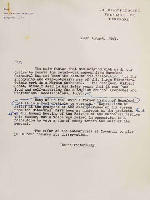 Typewritten letter. The author outlines reasons why the choir screen should be removed from a cathedral – specifically because the Victorian-Gothic screen does not fit the Norman style of the architecture. He concludes, “The offer of the authorities at Coventry to give it a home ensures its preservation”.