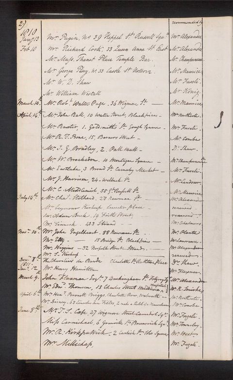 Handwritten register. Three columns capture the date, name of the visitor, and a name under a column titled “recommended by”. The date range captured here begins on “Jany 13” 1810 and ends “June 8th”.
