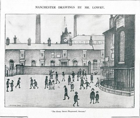 Illustration of a drawing. About two dozen children, mostly silhouetted in black, stand or walk around a courtyard hemmed along the back by a long building. Smokestacks and a clock tower rise above its roofline. Text at the top reads, “Manchester Drawings by Mr. Lowry.”