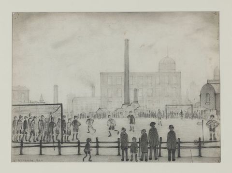 Drawing. Football players face off in a field that stretches before a complex of buildings in the distance. Several smokestacks rise against the blank sky. Four adults and two children watch the game from our side of a fence delineating the edge of the field.