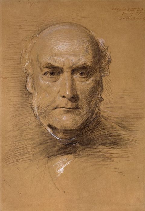 Drawing. A balding man, Sir George Gilbert Scott, looks off to our right under peaked brows, his mouth set in an uneven line. There are tufts of white hair to each side of his head and mutton chops lining his square jaw. The portrait is drawn with black and white chalk, using the tan of the paper as the midtones.