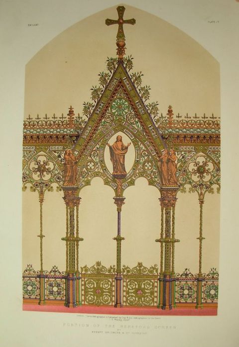 Illustration. The central section of a choir screen has sculptural groups spaced across the triangular tympanum. A man, Jesus Christ, at the centre holds up both hands. Two pairs of angels look from the outer corners of the tympanum, which is filled with intricate tracery in muted red, pink, blue, and green.