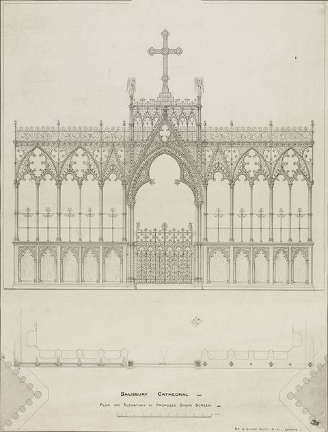 Drawing. A precise, very detailed drawing shows the gate of a choir screen flanked by five three-lobed aches to each side. A cross rises above the central gate, which is wider and taller than the others.