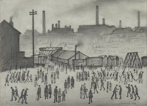 Drawing. Dozens of people rendered as dark silhouettes stride or stand in an open space in front of a row of tents and wagons. A skyline bristling with smokestacks rises above. Smudged pencil indicates smoke coming from and settling around the chimneys and smokestacks.
