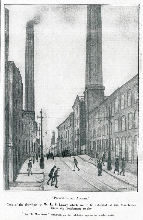 Illustration of a drawing. A two-way street is lined with three or four-storey buildings. A smokestack to our left nearly reaches the top edge of the paper, and the stack to our right rises past the edge. Text at the bottom reads, “Two of the drawings by Mr. L. S. Lowry, which are to be exhibited at the Manchester University Settlement to-day”.