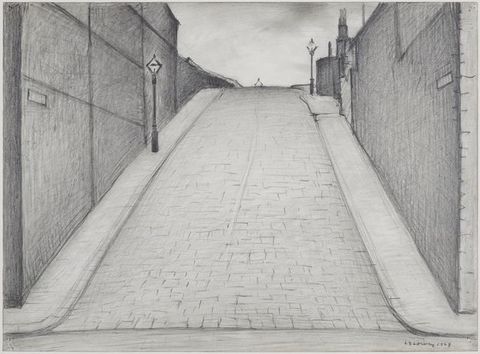 Drawing. A steep, stone-paved hill rises sharply in front of us, coming three-quarters of the way up the composition. Streetlights are widely spaced on the pavements to each side, which are narrow against the tall walls that enclose the hill. The street is deserted.