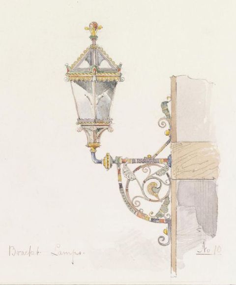 Watercolour and drawing. Design for a lamp affixed to a wall with a bracket. The fittings of the lantern are gilded, and it is topped with a gold finial. Scrolling ironwork fills the bracket and eddies onto the wall on which it hangs. Parts of the ironwork are coloured royal blue or orange.