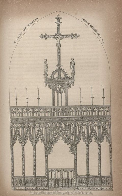 Illustration. Choir screen design with seven bays, each under a pointed arch lined with tracery. The central bay is about twice the width as the thinner bays. Six lit candles sit overtop the bays. A structure with four very short columns and a dome rises over the central bay and supports a crucifixion.