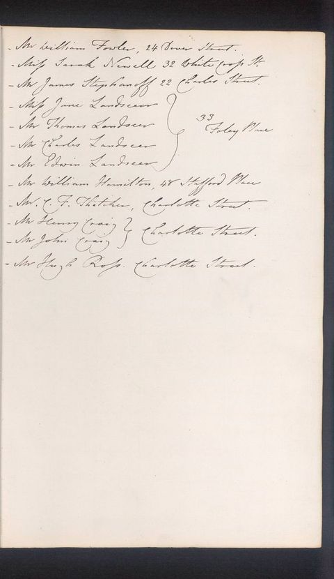 Handwritten document. Twelve names and addresses, taking up the top half of the page, are written listed in graceful, slanted script.