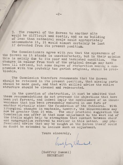 Typewritten letter. The second of a two-page letter makes recommendations to clean and restore a chancel screen rather than remove it. The letter is signed “(Godfrey Samuel) Secretary”.