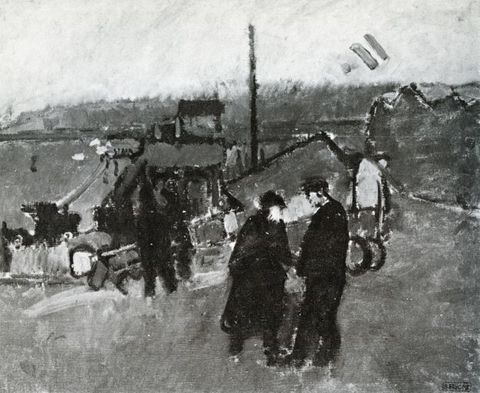 Painting. Black and white image of a loosely painted scene showing two people standing in front of an early airplane.