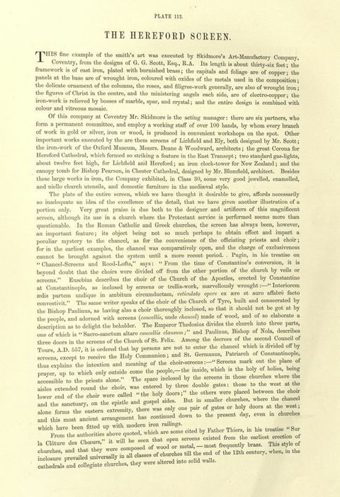 Page of a book. The heading reads, “Plate 112. The Hereford Screen”. The text below begins, “This fine example of the smith’s art was executed by Skidmore’s Art-Manufactory Company, Coventry, from the designs of G. G. Scott, Esq., R.A.”