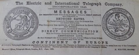 Letterhead. Two seals are printed to either side of a company name. Under the company name at the top, there are several lines of typewritten text in serif and sans serif fonts. It begins “Messages are transmitted to and from all the principal towns in Great Britain and Ireland, at reduced rates.”