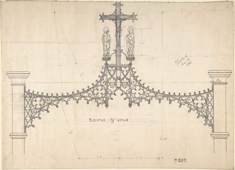 Drawing. Detail view of the loft coving of a choir screen, which would have transitioned from the arches below to the rood group above. The rood group comprises a crucifixion flanked by two people, the Virgin Mary and St John the Evangelist. The tracery of the loft coving creates a lacy web stretching across two columns.