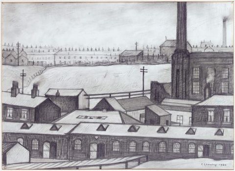 Drawing. Rows and peaks of rooflines fill the bottom half of this composition. Long buildings spanning the horizon resemble factories or a prison.